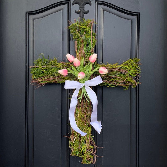 Easter Front Door Cross Wreath Spring TulipsProduct Details: Craft: Semi-manual and semi-mechanical Types of props: scene decoration Product color: picture color Pattern: plain Dimensions: 40*30*5cm Package Contents: Garland X1easter